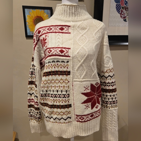American Eagle Outfitters Sweaters - American Eagle Outfitters Cream Fair Isle Colorblock Turtleneck Sweater